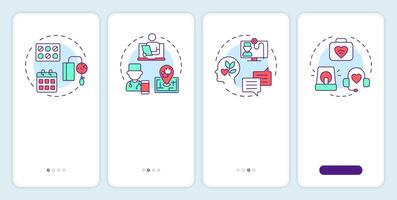 Applications of telehealth onboarding mobile app screen. Walkthrough 4 steps editable graphic instructions with linear concepts. UI, UX, GUI template vector