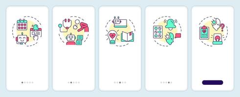 Healthcare chatbot use cases onboarding mobile app screen. Walkthrough 5 steps editable graphic instructions with linear concepts. UI, UX, GUI template vector