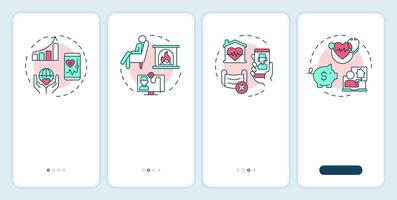 Benefits of telehealth onboarding mobile app screen. Medicine. Walkthrough 4 steps editable graphic instructions with linear concepts. UI, UX, GUI template vector