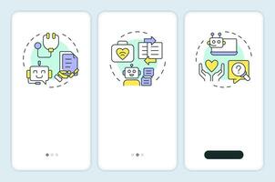 Types of medical chatbots onboarding mobile app screen. Walkthrough 3 steps editable graphic instructions with linear concepts. UI, UX, GUI template vector