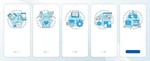 HRMS blue onboarding mobile app screen. HR management system. Walkthrough 5 steps editable graphic instructions with linear concepts. UI, UX, GUI template vector