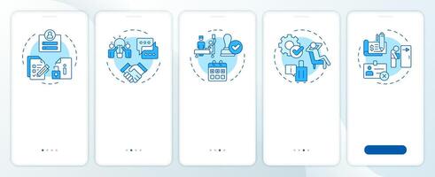 Operational HR blue onboarding mobile app screen. Human resource. Walkthrough 5 steps editable graphic instructions with linear concepts. UI, UX, GUI template vector