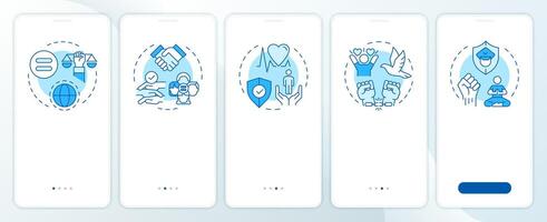 Social freedom rights blue onboarding mobile app screen. Walkthrough 5 steps editable graphic instructions with linear concepts. UI, UX, GUI template vector