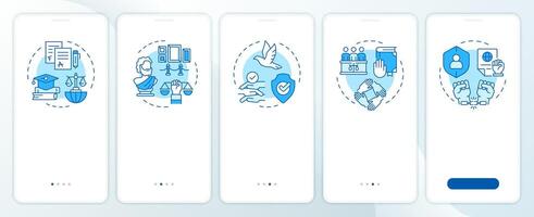 Social human rights blue onboarding mobile app screen. Walkthrough 5 steps editable graphic instructions with linear concepts. UI, UX, GUI template vector