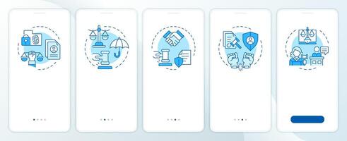 Legal law equality blue onboarding mobile app screen. Walkthrough 5 steps editable graphic instructions with linear concepts. UI, UX, GUI template vector
