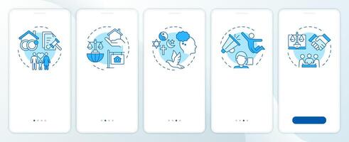 Society freedom rights blue onboarding mobile app screen. Walkthrough 5 steps editable graphic instructions with linear concepts. UI, UX, GUI template vector