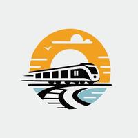 A train is traveling on the tracks in front of a sunset vector