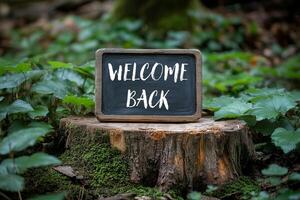 Welcome back message written on mini chalkboard in a forest. Conceptual welcome back symbol. Copy space. photo