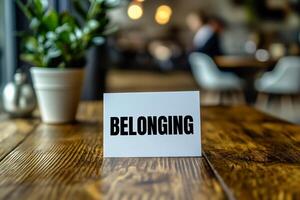 Belonging message written on white card on table photo