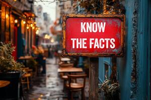 Know the facts message written on red metal signpost photo