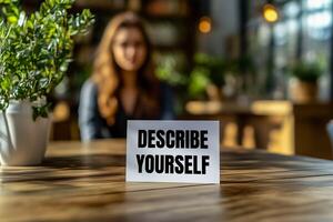 Describe yourself message written on white card on table photo