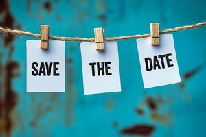 Save the date message written on hanging white paper pieces. Conceptual save the date symbol. Copy space. photo