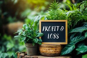 Profit and loss message written on mini chalkboard in a garden. Conceptual profit and loss symbol. Copy space. photo