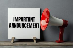 Important announcement message written on white card with a megaphone photo