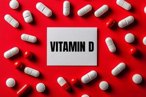 Vitamin d message written on white paper card with red background. Conceptual vitamin d symbol. photo