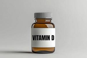 Vitamin d message written on medicine bottle on gray background. Conceptual vitamin d symbol. Copy space. photo