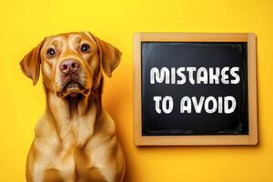 Dog and a chalkboard with a mistakes to avoid message on it. Conceptual mistakes to avoid symbol. Copy space. photo