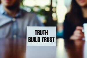 Truth build trust message written on white card on table photo