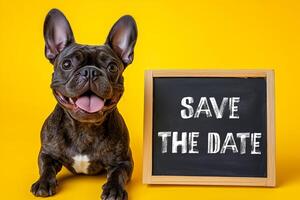 Dog and a chalkboard with save the date message on it. Conceptual save the date symbol. Copy space. photo