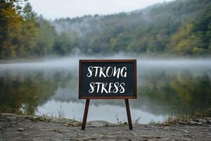 Strong stress message on chalkboard in front of a lake photo