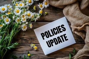 Policies update message written on white card and daisies on wooden table photo