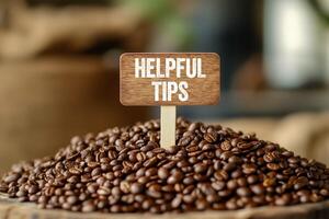 Helpful tips message written on wooden sign photo