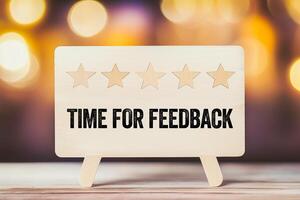 Time for feedback message written on wooden sign. Conceptual time for feedback symbol. Copy space. photo