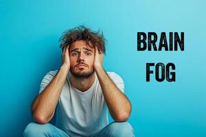 Young man with brain fog message on blue background. Conceptual brain fog symbol. Copy space. photo