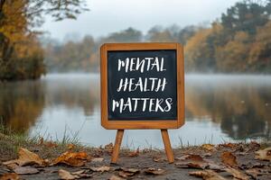 Mental health matters message on chalkboard in front of a lake photo