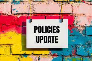 Policies update message written on white card on colorful wall. Conceptual policies update symbol. Copy space. photo