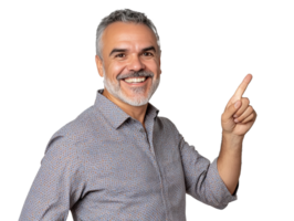 Smiling man points in bright light png