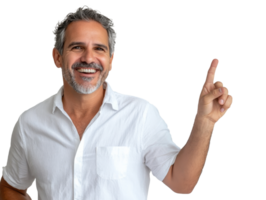 Smiling man pointing upwards in casual attire png