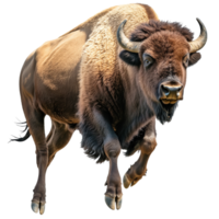 Bison running in open grassland under bright sky png