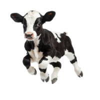 Brown and white calf jumping indoors at dusk png