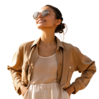 Smiling woman with sunglasses in sunny setting png