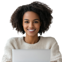 Smiling woman with laptop at home working remotely png
