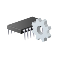 Computer microchip or processor for microcircuit with gear icon Settings icon or instruction png