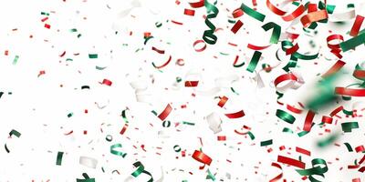 Colorful red, green, and white ribbons and confetti falling on a white background photo