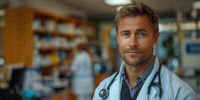 Portrait of a young doctor with stubble wearing a white coat photo