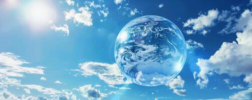 Planet Earth enclosed in a transparent sphere floating in a bright blue sky with fluffy white clouds and sunlight, symbolizing protection, harmony, and environmental awareness photo