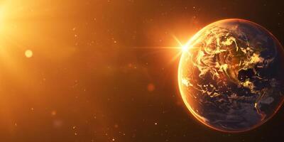Planet Earth illuminated by the sun with glowing atmosphere in space photo