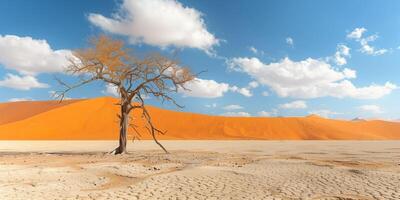 A dry tree on a plain in the desert with orange sand and a blue sky with clouds photo