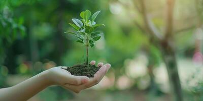 Sapling of a young tree held in a hand against the background of a green park photo