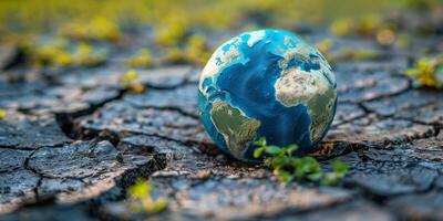 Small globe placed on cracked, dry earth with sparse green shoots, representing climate change, drought, and environmental challenges photo