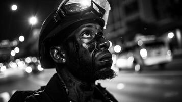 Soldier in a helmet and protective goggles gazing at the night sky illuminated by spotlight beams. photo