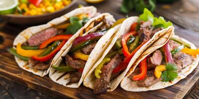 Three delicious fajitas filled with grilled meat, bell peppers, and onions, served on a wooden board photo