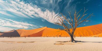 Lone dried tree in the desert among sand dunes photo