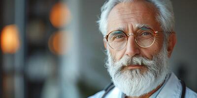 Portrait of a gray-haired doctor with a beard and glasses wearing a white coat photo