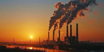 Industrial cityscape at sunset with silhouettes of factory chimneys emitting smoke in the distance, creating a dramatic scene photo