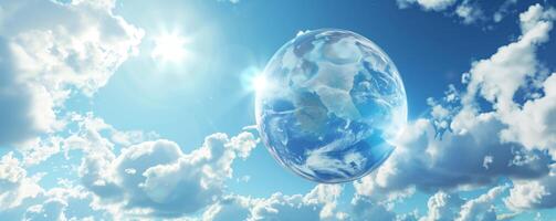 Earth enclosed in a transparent sphere floating in a vivid blue sky with soft white clouds and radiant sunlight, symbolizing environmental conservation, global harmony, and protection photo